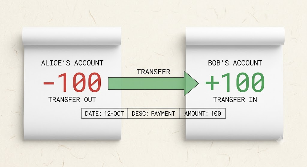 Double-entry: every transfer mirrors two entries that net to zero